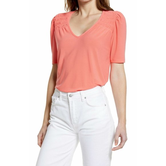 Halogen Women Shirred Detail V-Neck Top Coral Size S