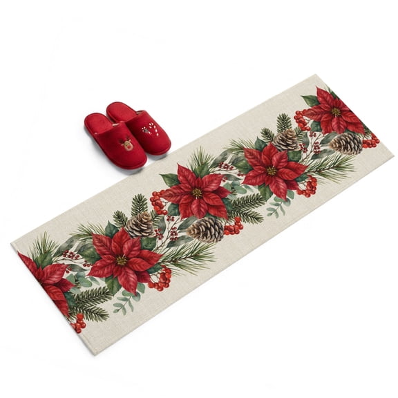 Christmas Red Floral Washable Area Rug 2 x 6 ft Winter Vintage Farmhouse Pine Cone Flower Soft Non‑Slip Rugs Stain Repellent Indoor Mats for Long Hallway, Kitchen Runner, Corridor Laundry