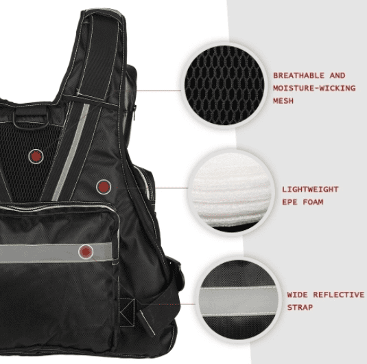 Adult Outdoor Life Jacket Vest for Fishing Kayaking Boating Sailing Water Sports Multiple Storage Pockets Buoyant Material Black/White