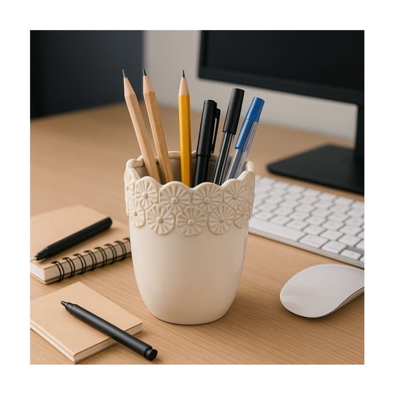 Flower and Scallop Border Ceramic Desk Organizer - Cute Desktop and Office Storage Organizer for Workspace Decor - Functional Small Desk Holder for Office Accessory and Home Decor - 5", Ivory