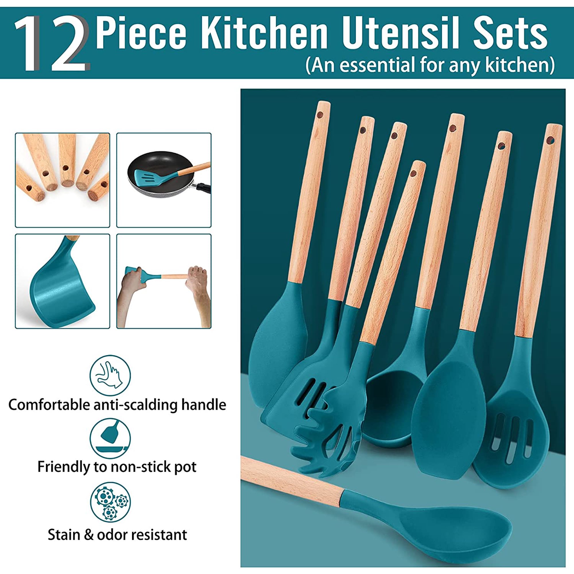 Set 16 Ustensiles Cuisine CAROTE En Silicone - Antiadhésif, Résistant à 220°C, Sans BPA - Poignée Bois