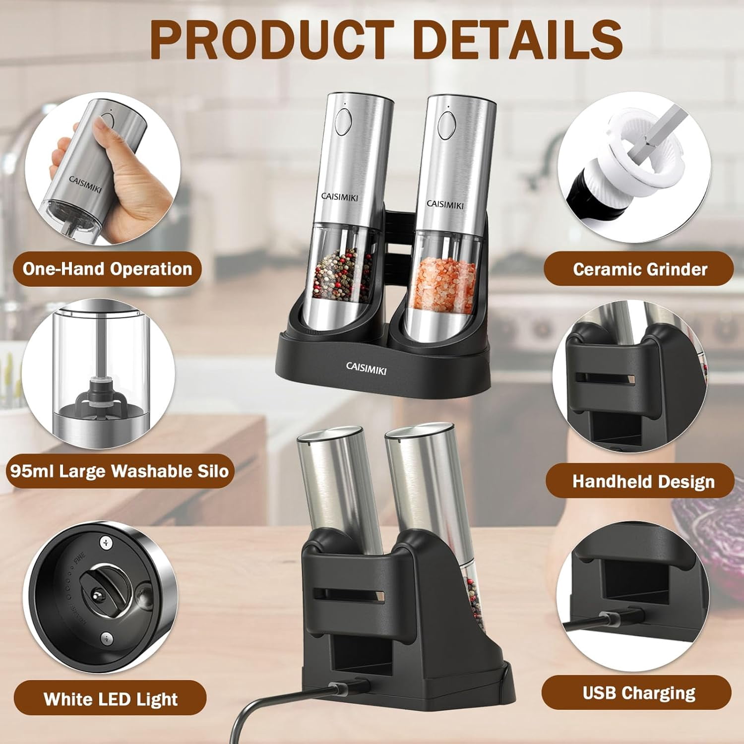 Electric Salt and Pepper Grinder Set Upgraded Stainless Steel Spice Grinder USB Rechargeable Automatic Pepper Mill Dual Charging Station Grinder Shakers, Silver