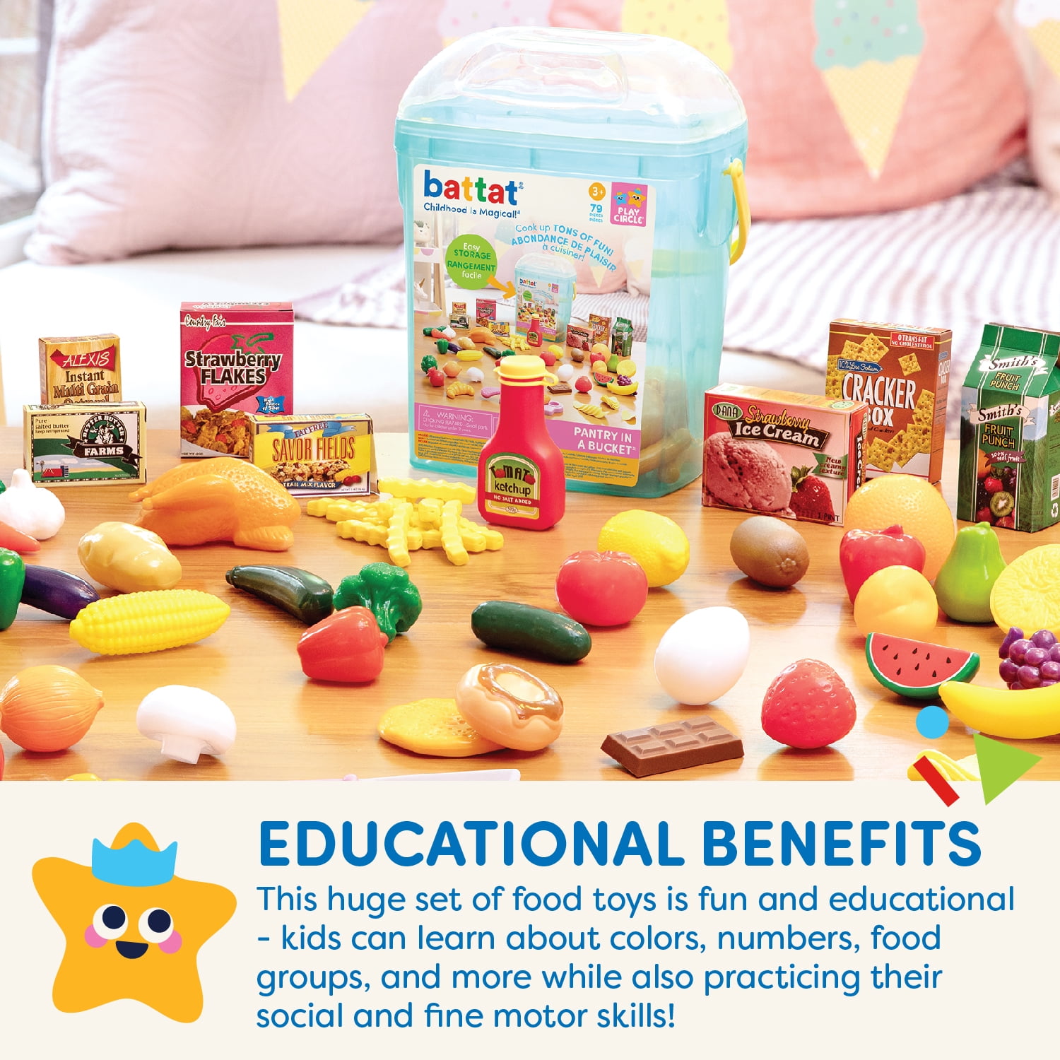 Battat Pantry in a Bucket Play Food Set with 70+ Pieces 11.46 in, Toddler and Preschool Toys  (图4)