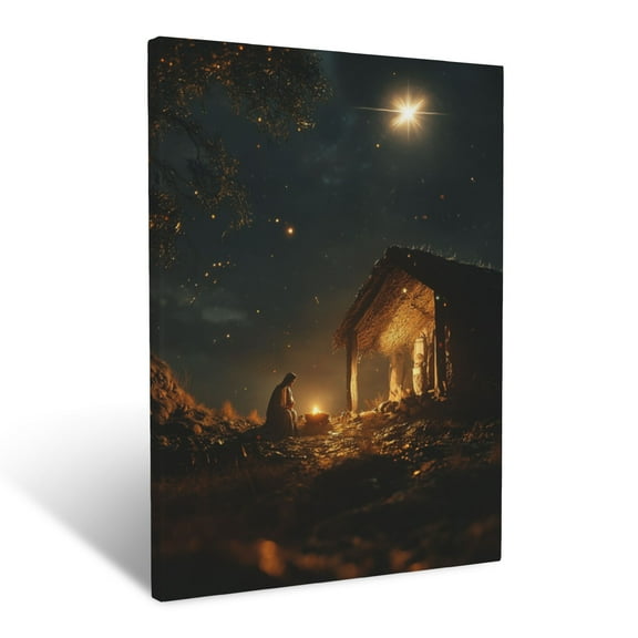 CozyNet The Nativity Scene Glowing Softly Under A Bright Star, With Mary And Joseph In Peaceful Devotio Wall Art Prints With Frame Canvas Perfect for Living Room & Bedroom, Wall Decor 12"x16"