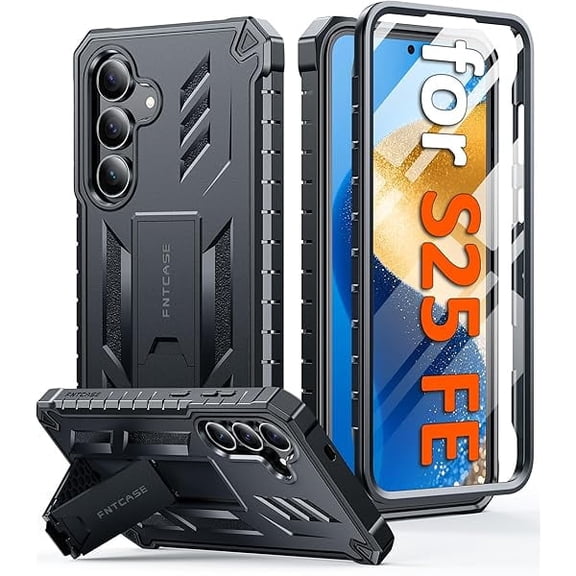 for Samsung Galaxy S25-FE Case: with [Built-in Screen Protector & Kickstand] [Military-Grade Drop Protection] Heavy Duty Protective Full Body Shockproof Rugged Sturdy TPU Phone Cover Black