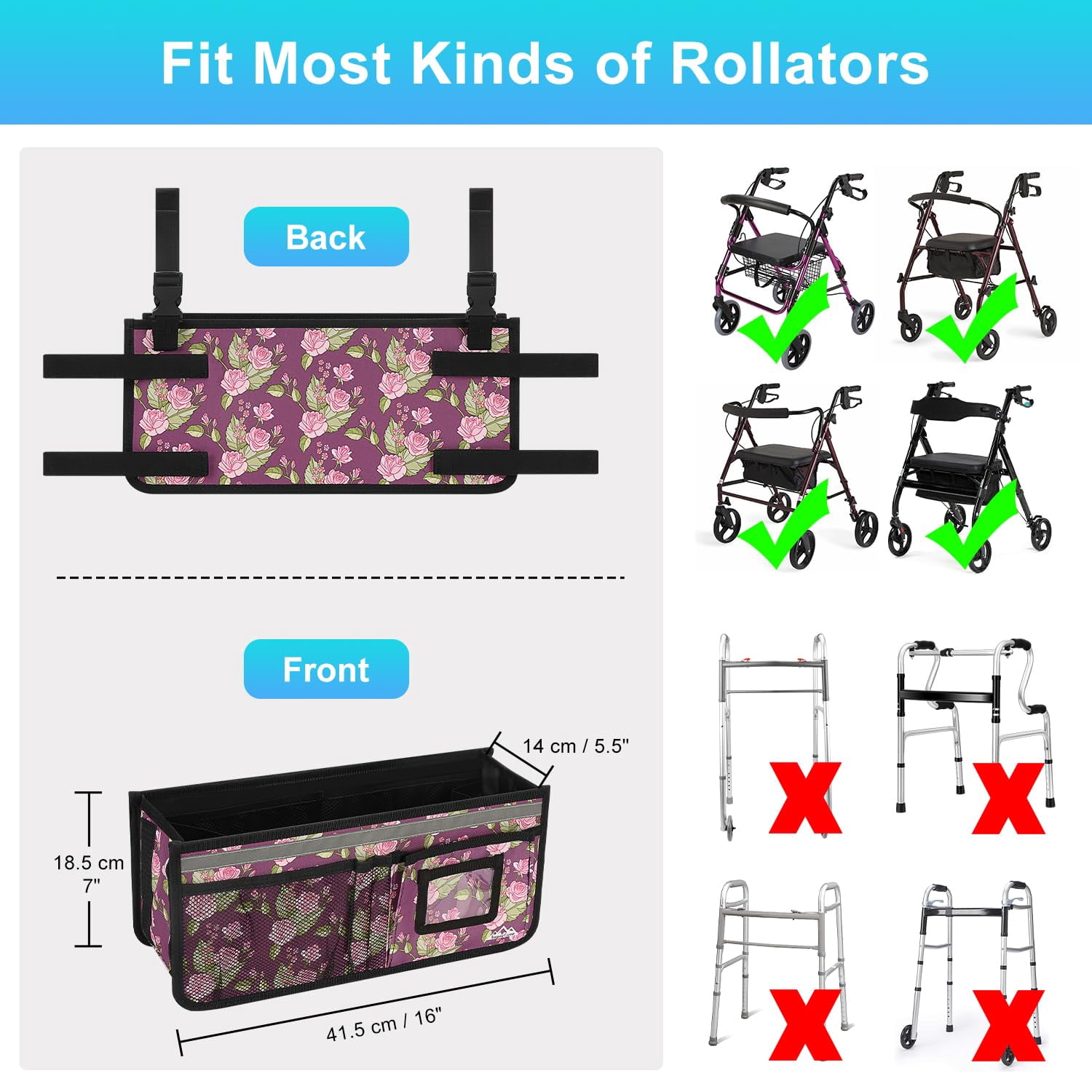 SupreGear Foldable Waterproof Rollator Bag with Cup Holder, Floral Purple Storage Pouch for Walker