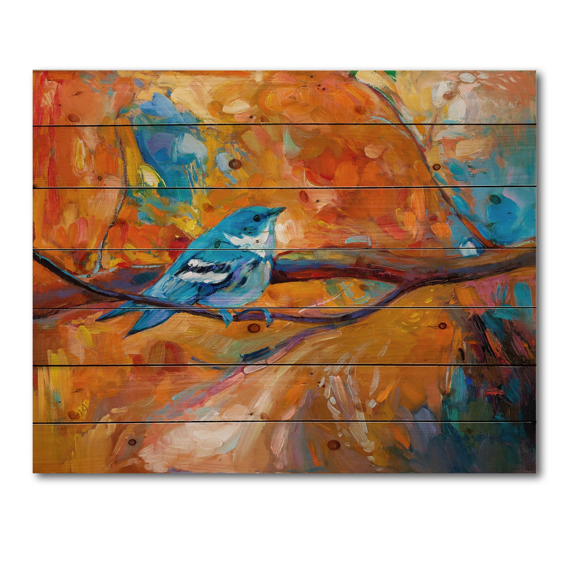 Designart 'Blue Cerulean Warbler Bird Sitting On A Branch' Traditional Print on Natural Pine Wood