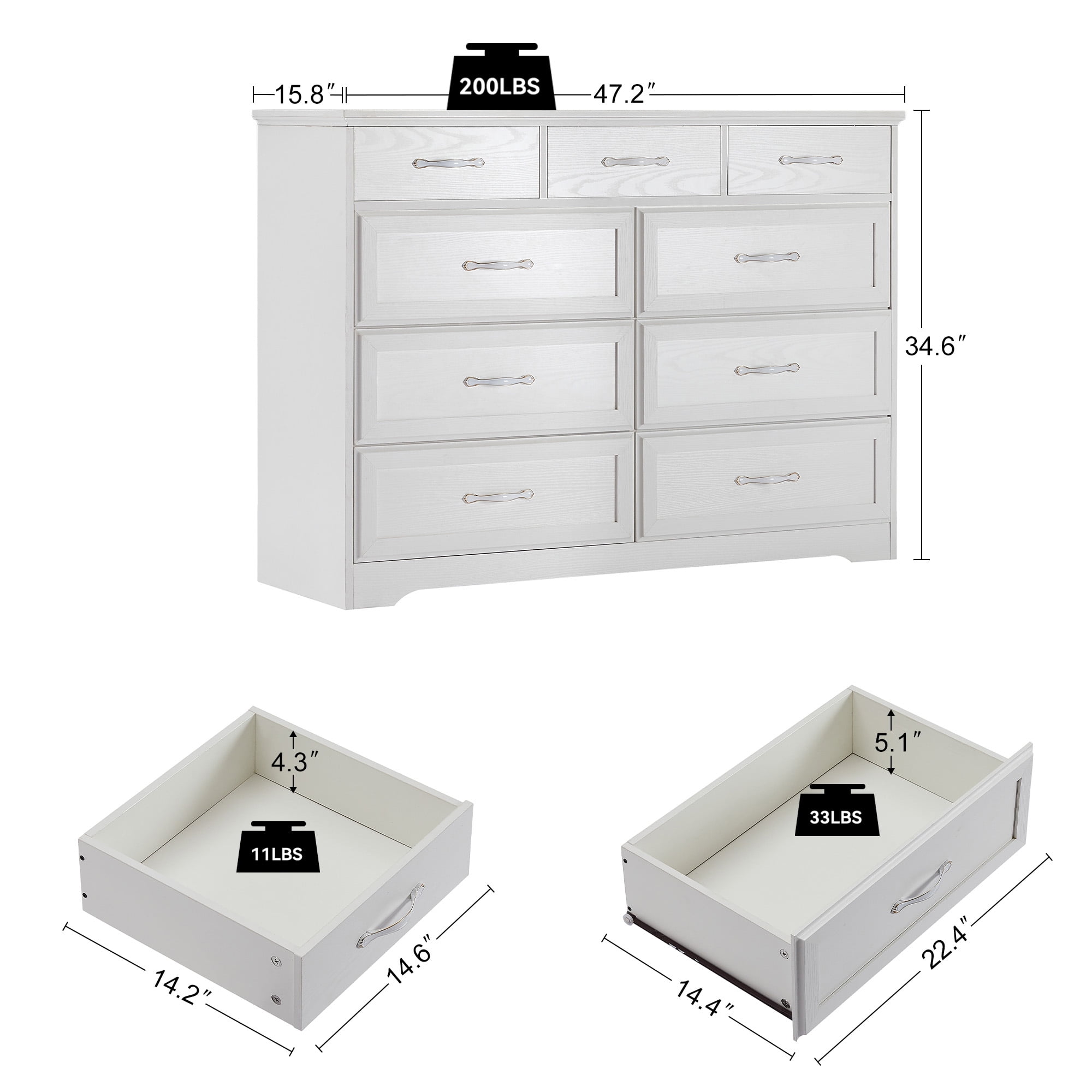 Kadyn 9 Drawer Long Dresser, Nursery Dresser with Antique Handles, Chest Of Drawers for Kids Room, Entry And Hallway, White Kadyn 9 Drawer Long Dresser, Nursery Dresser with Antique Handles, Chest Of Drawers for Kids Room, Entry And Hallway, White