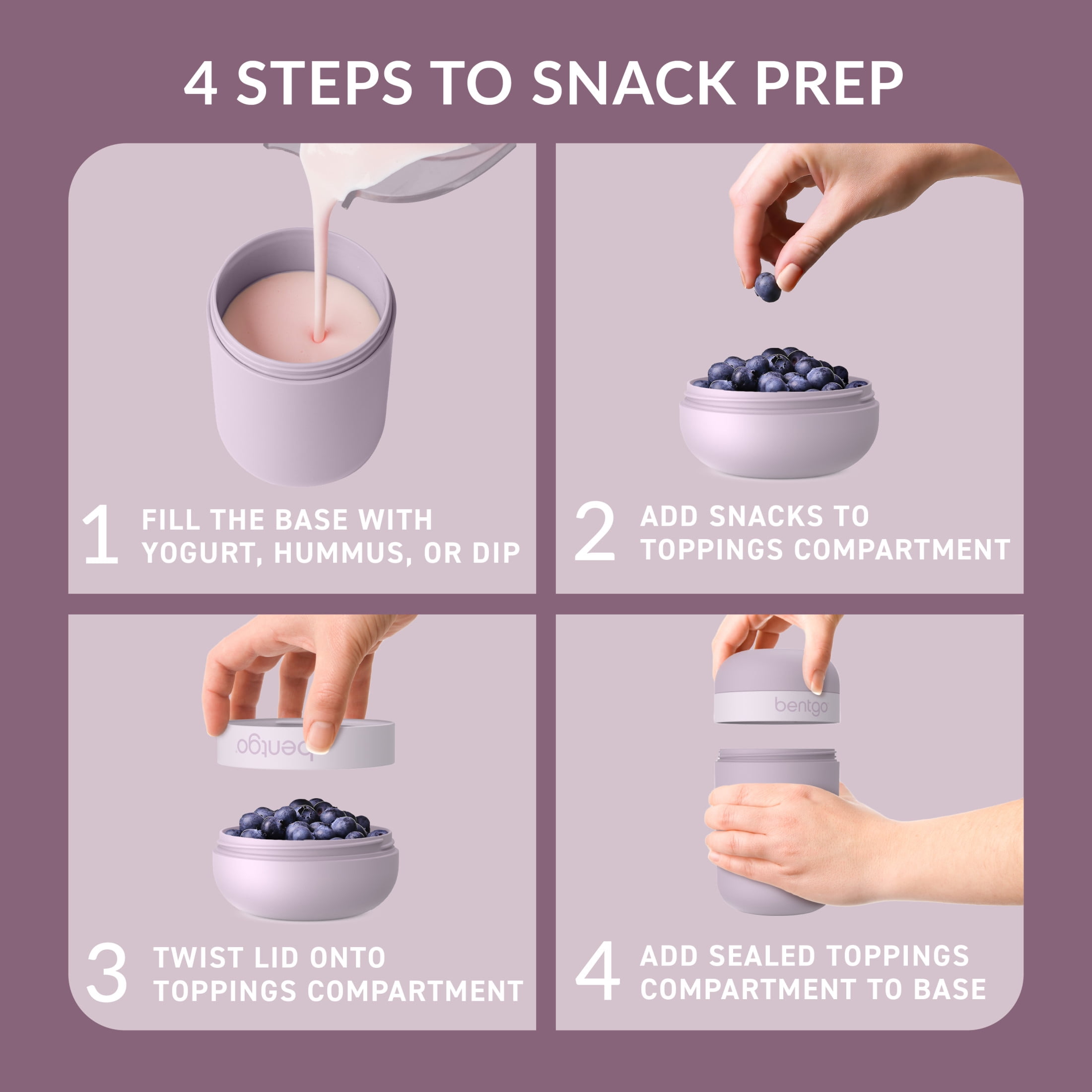 (4 pack) Bentgo Snack Cup - Reusable Snack Container with Leak-Proof Design, Toppings Compartment, and Dual-Sealing Lid, Portable & Lightweight for Work, Travel, Gym - Dishwasher Safe (Orchid)