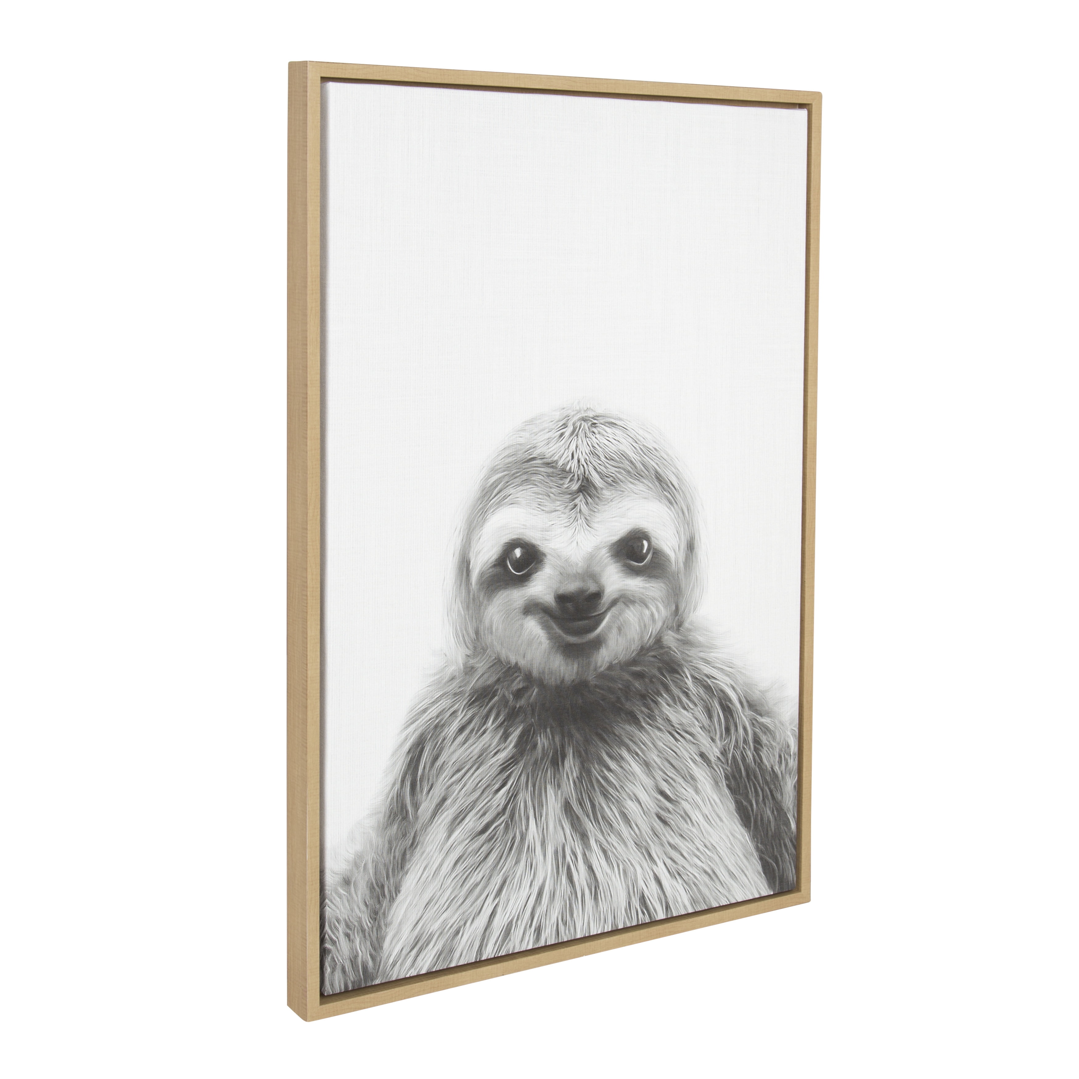 Kate and Laurel Sylvie Sloth Animal Print Black and White Portrait Framed  Canvas Wall Art by Simon Te Tai, 23x33 Natural