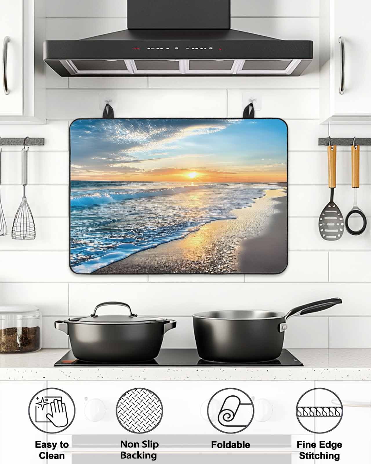 Stove Top Covers for Electric Stove, Sunset Beach Glass Stovetop Cover Protector, Spray Ocean Waves Sky Nature Scenery Induction Cooktop Protector Oven Mat for Kitchen Countertop 24"x21"