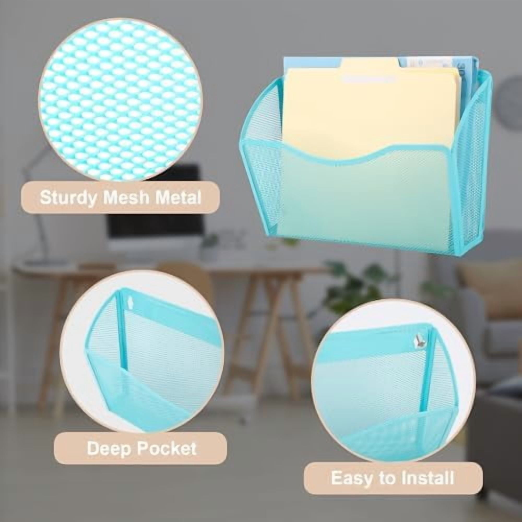 3 Single Pocket Mesh Hanging File Organizer, Vertical Wall Mounted Magazine File Holder, Mount Basket Mail Paper Document Folder Organizing for Office, Home and School, Blue