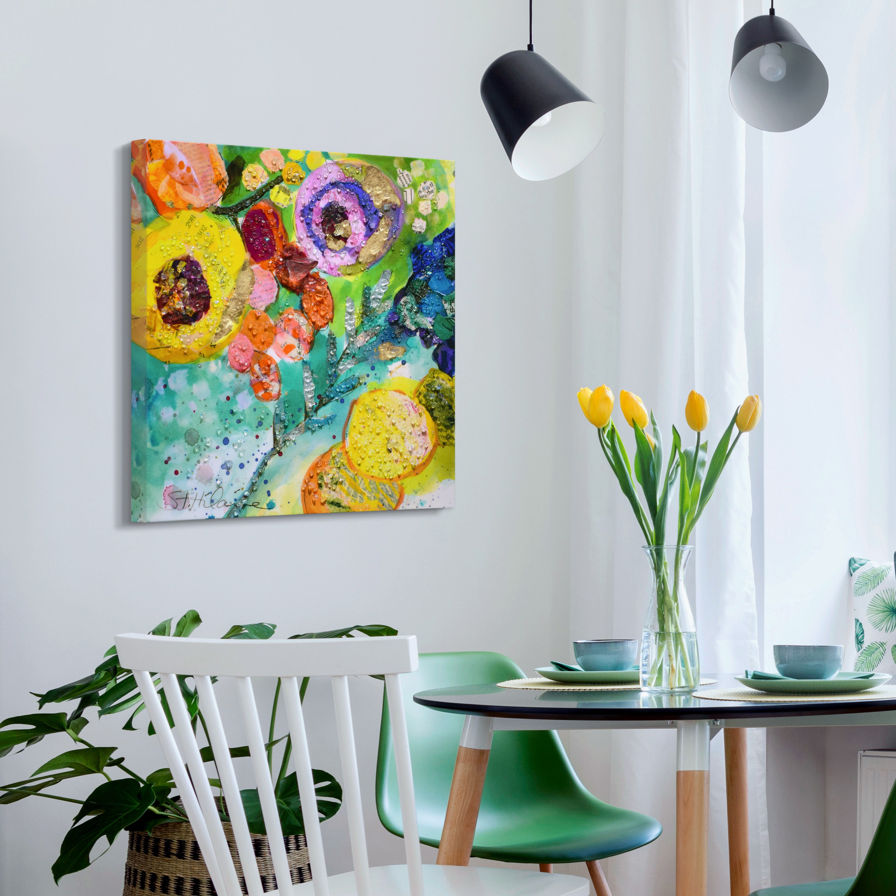 "Floral Radiance II" Crystallus Epoxy Coated Wrapped Glossy Canvas Wall Art with Heavy Acrylic Crystal Shards Embellishments