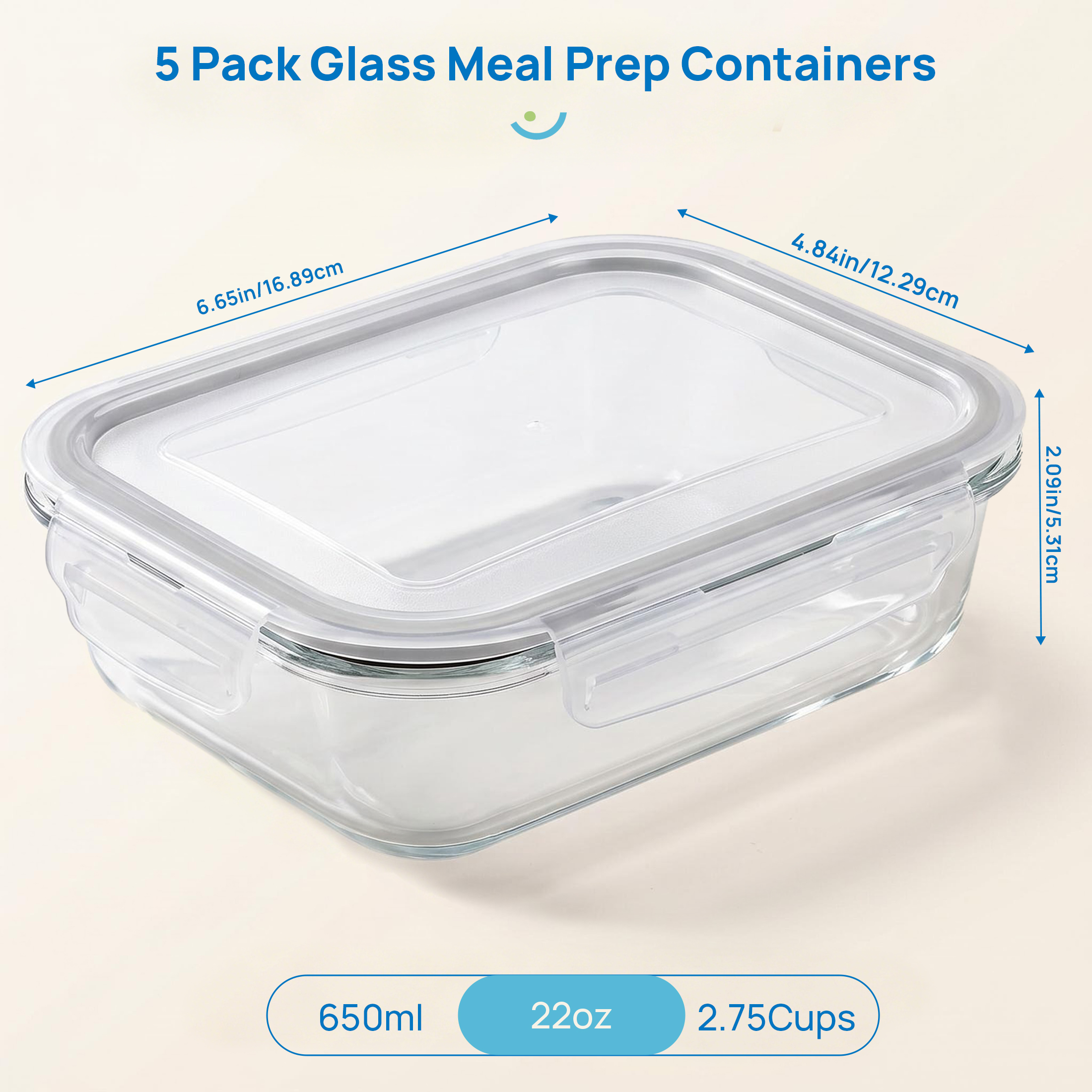 Sindcom 5-Pack Glass Food Storage Containers, 22oz, Grey photo 6