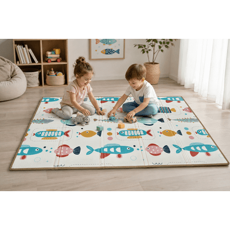 Baby Play Mat 59"*79" Foldable Foam double side play options Baby Play Mat for Floor Reversible Waterproof Playmats for Babies Boy and Toddlers Infants Edge protected Crawling Mat for Indoor&Outdo