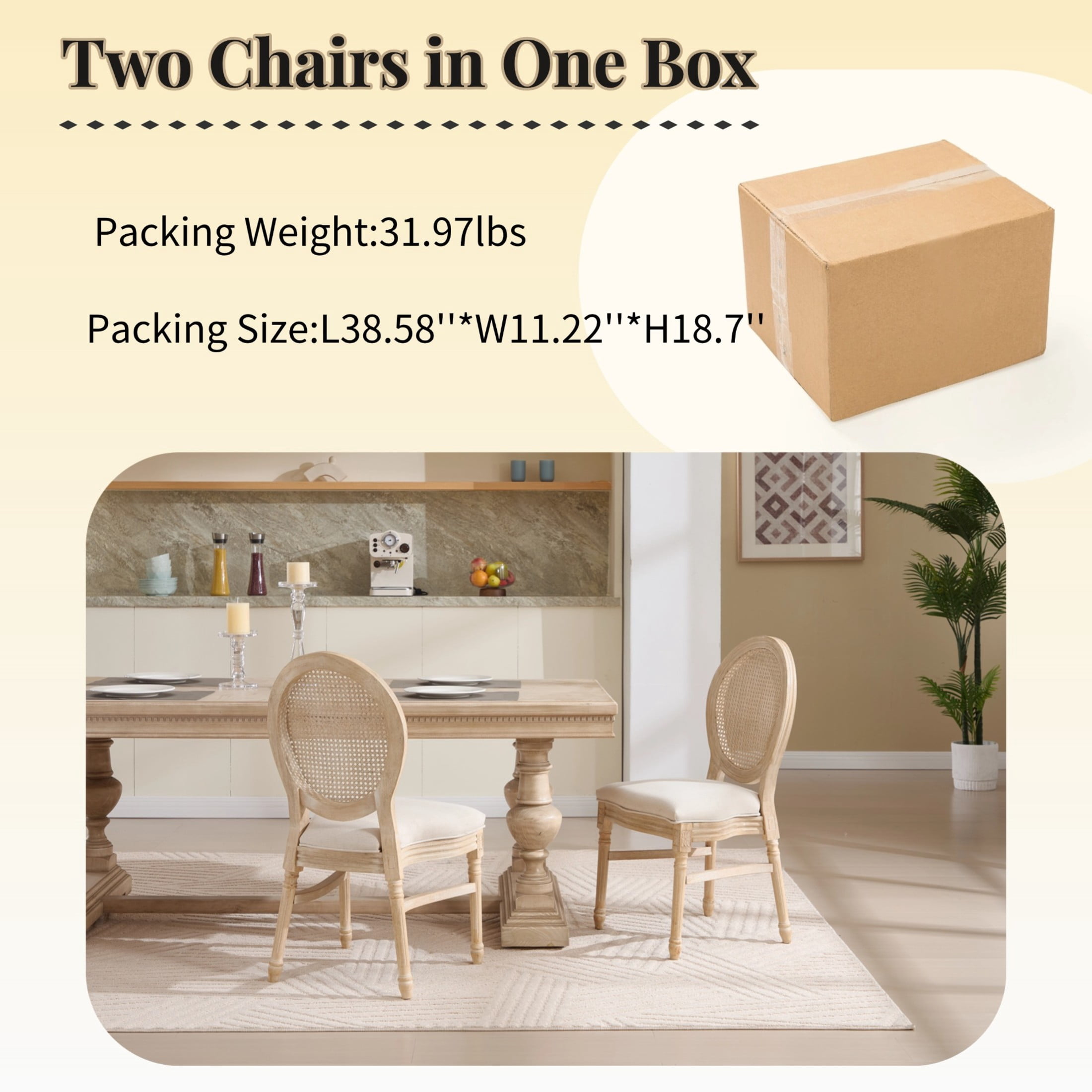 Noble House French Country Stackable Dining Chairs with Natural Rattan Back and Carved Wood Legs, Beige, Set of 2
