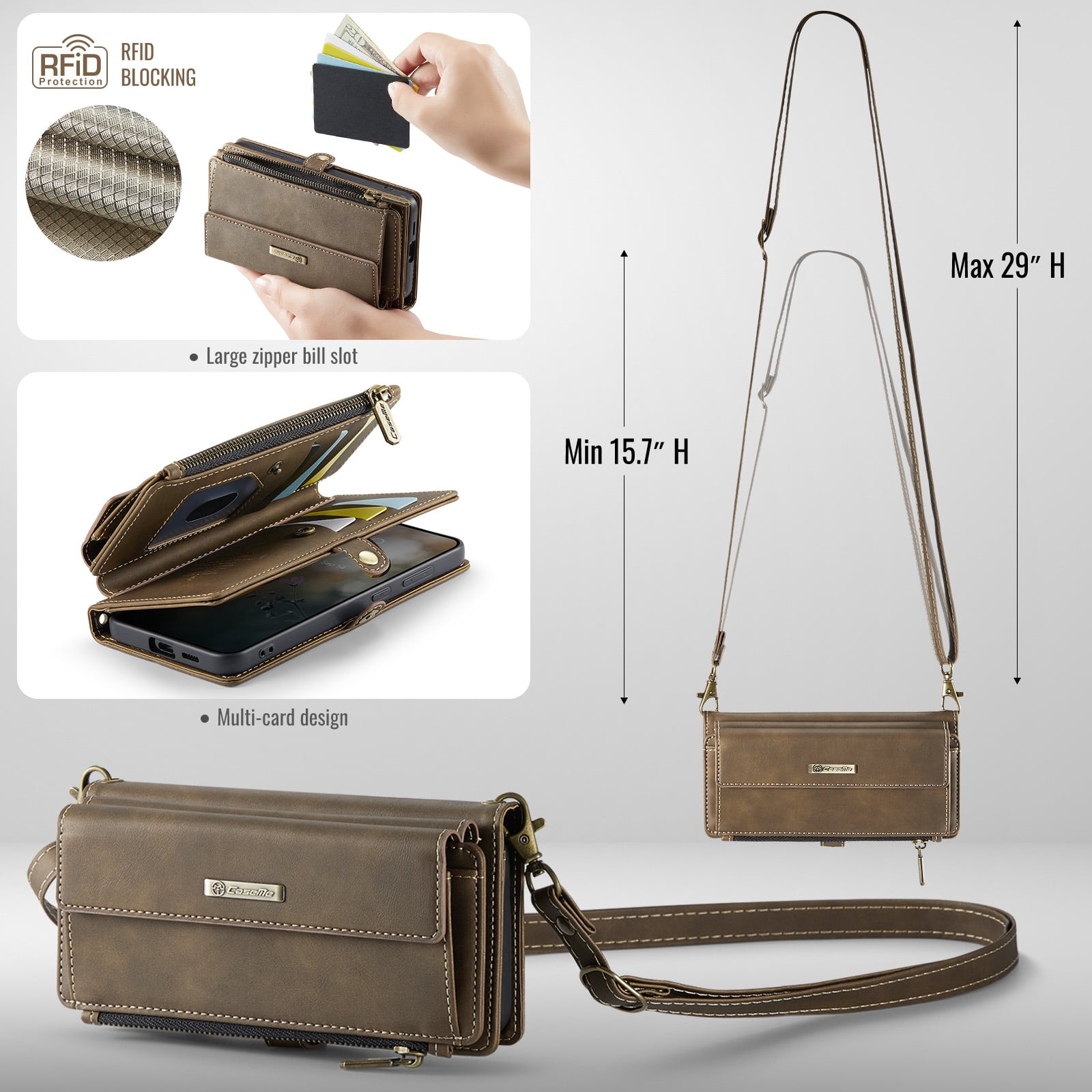 Decase Wallet Case for iPhone 14 Plus,Magnetic Flip Zipper Pocket PU Leather Phone Cover,Crossbody Flip Cover with RFID Card Slots,Coffee