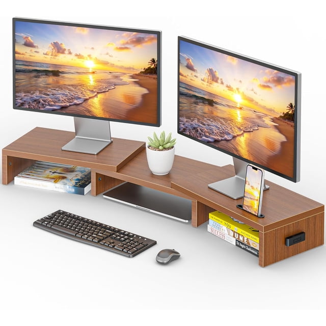 BONTEC Dual Monitor Stand Riser with Smartphone Holder, Adjustable Length & Swivel Angle, Ergonomic Wooden Desktop Organizer for PC Monitor, Laptop, Printer, Large Storage, White