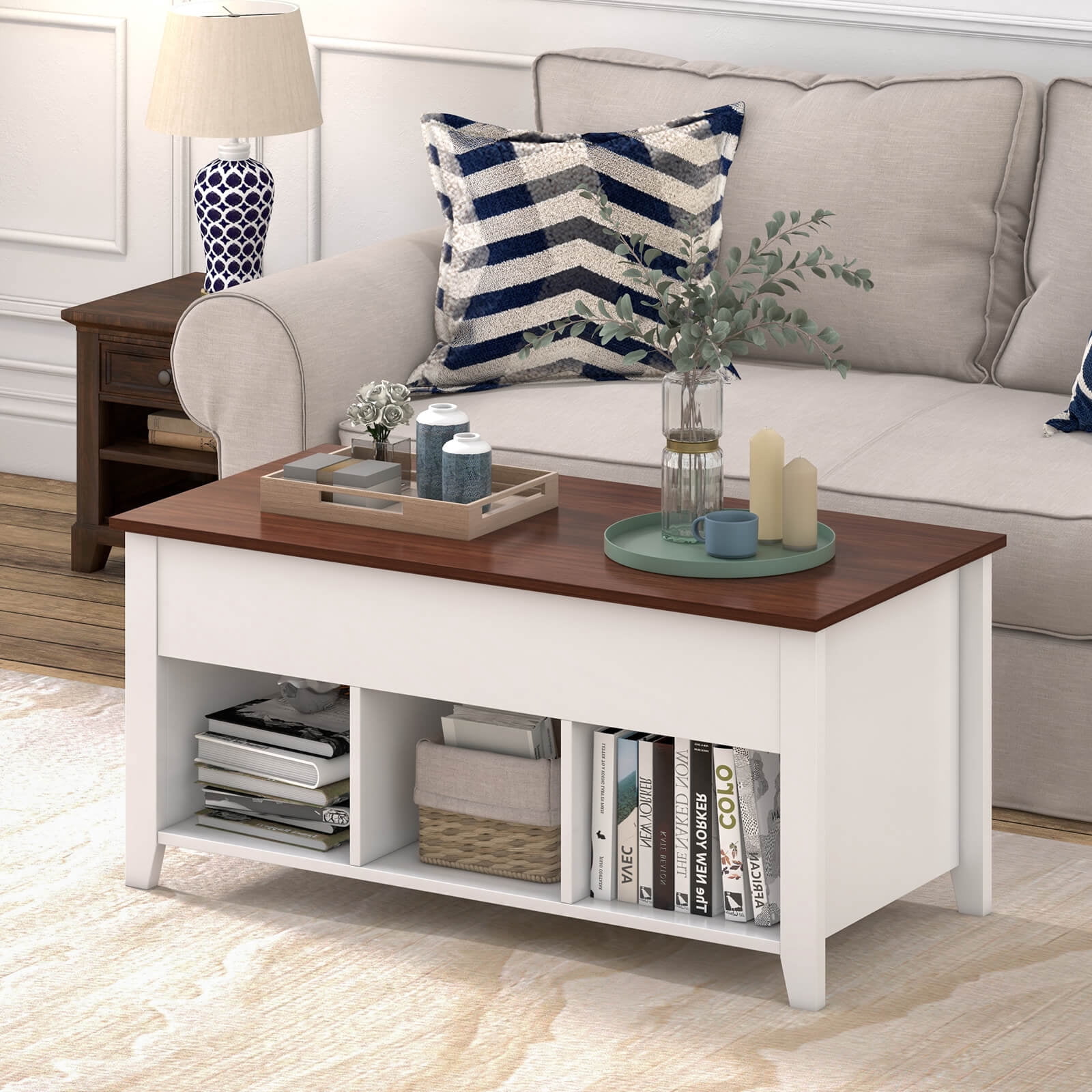 Costway Lift Top Coffee Table w/ Hidden Compartment and Storage Shelves Modern Furniture White