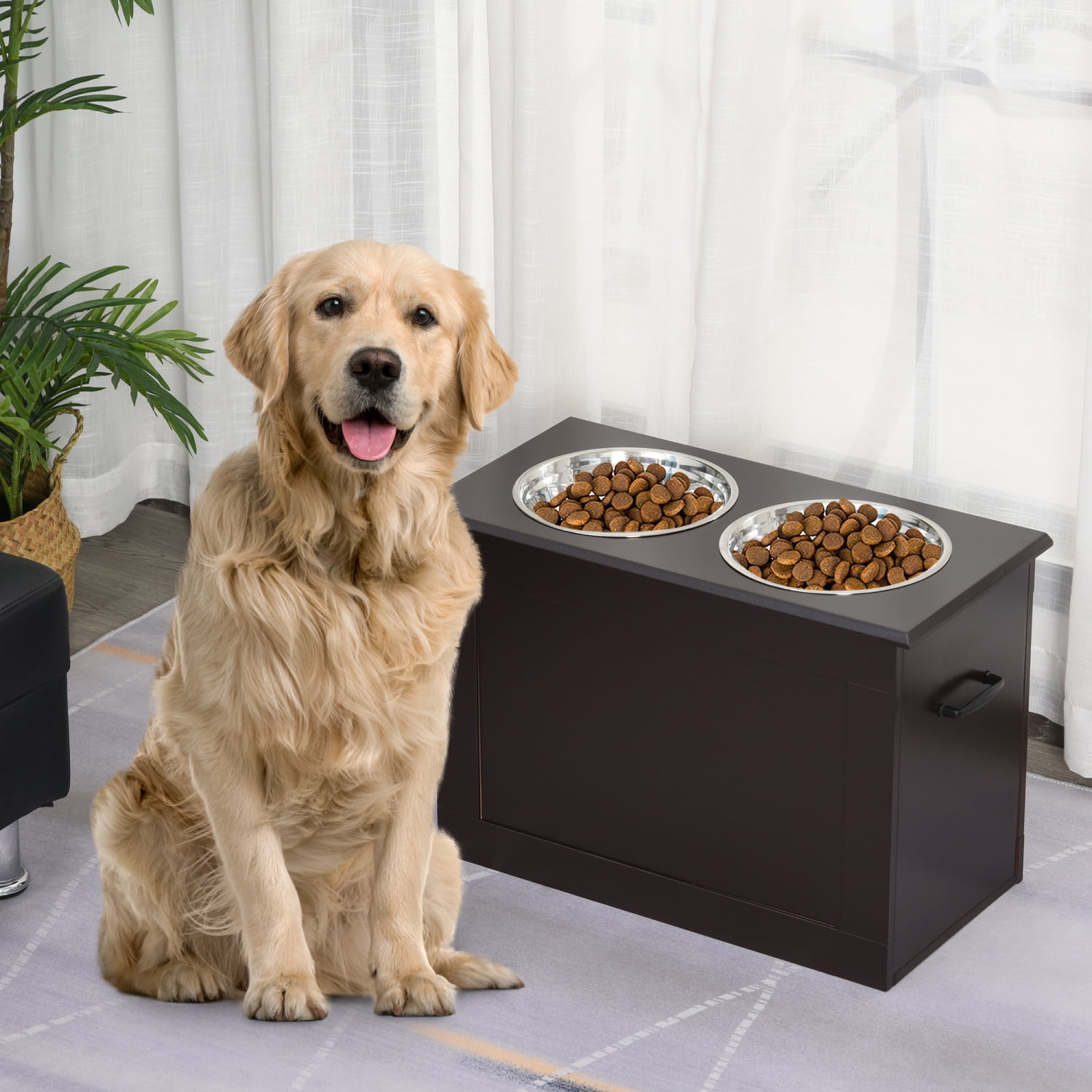 Raised Pet Feeding Station with Storage for Large Dogs & Pets, Dark Brown
