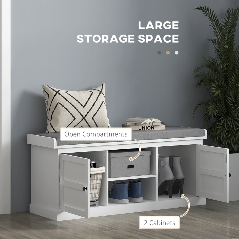 HOQBN Shoe Storage Bench with Cushioned Seat, Entryway Bench with 2 Cabinets and Adjustable Shelf for Hallway, White