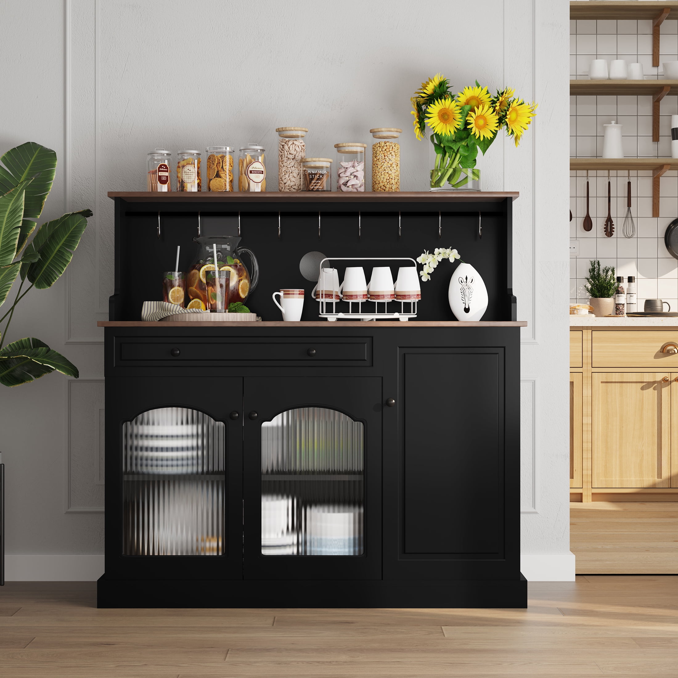 HLR 48" Modern Wood Kitchen Pantry Cabinet, Coffee Bar with Drawer & Microwave Stand, Dining Room, Black