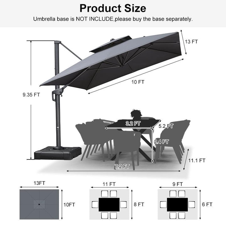 PURPLE LEAF Cantilever Patio Umbrella With Base 10' x 13' Rectangle Double Top Outdoor Heavy Duty Aluminum, Grey, for Patio, Deck, Garden, Pool