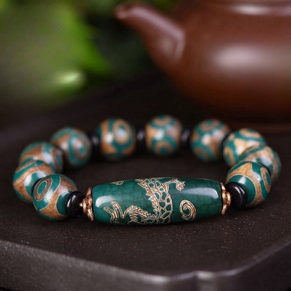 Natural Agate & Dzi Bead Bracelet - Stylish Green and Golden-Accented Large Beaded Design, Perfect for Daily Wear or Travel, Ideal Holiday Gift, Eye Beads, Simple,Agate,Agate