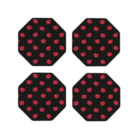 

Qekee red lips Print PU Leather Absorbent Coasters Leather Coasters Set for Cups Drinks 4 Coasters 4 Pcs for Coffee Bar Home Decor-Octagon