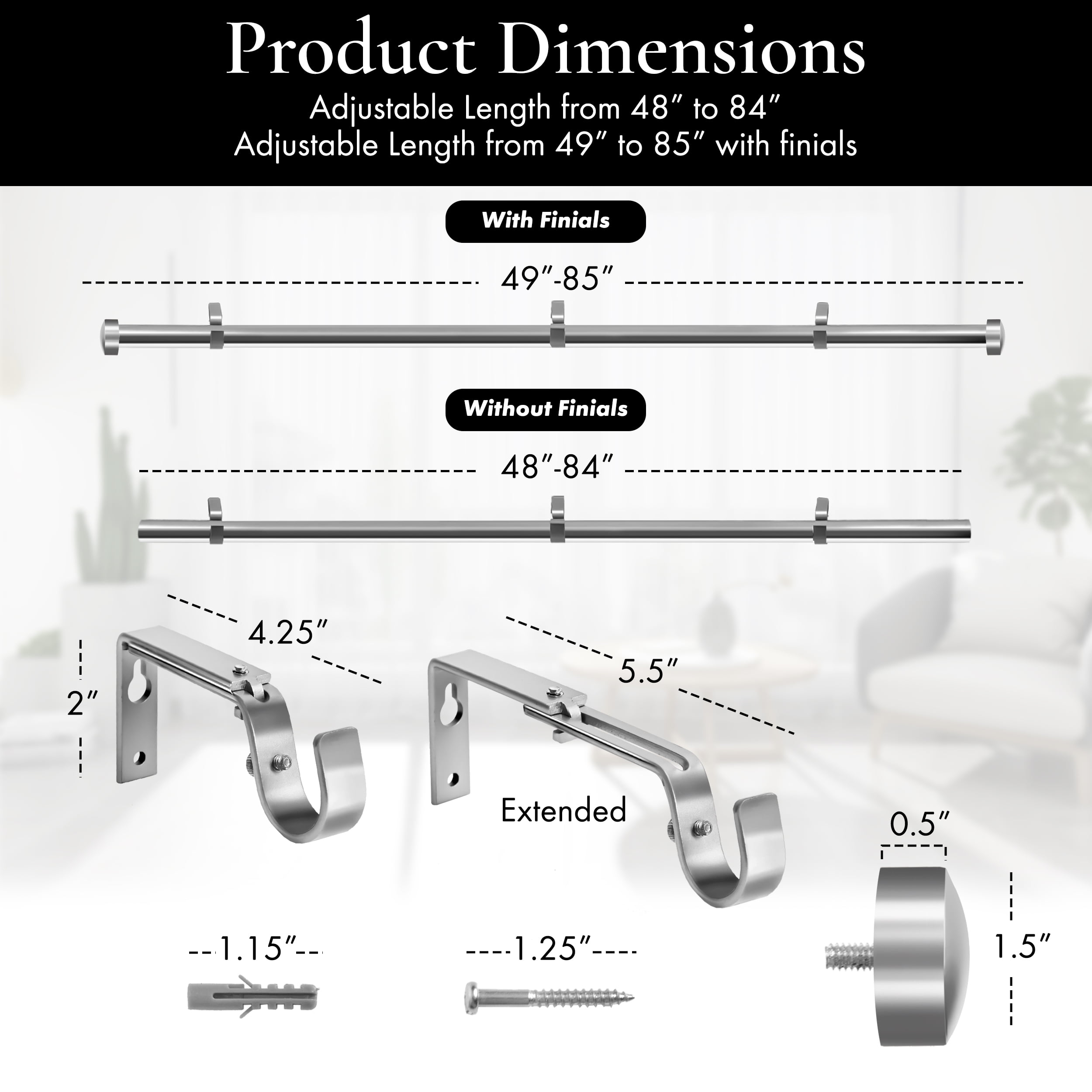 Meriville 1-Inch Diameter End Cap Single Window Treatment Curtain Rod, 48-Inch to 84-Inch, Satin Nickel