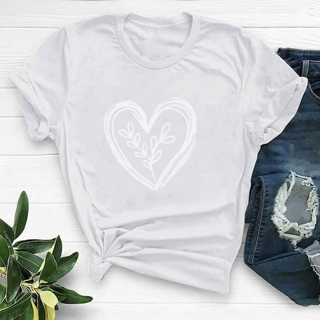 QIPOPIQ Femmes Mignon Cœur Graphique Col Rond Manches Courtes Coupe Régulière T-Shirt Décontracté T-Shirts T-Shirt Hauts Liquidation
