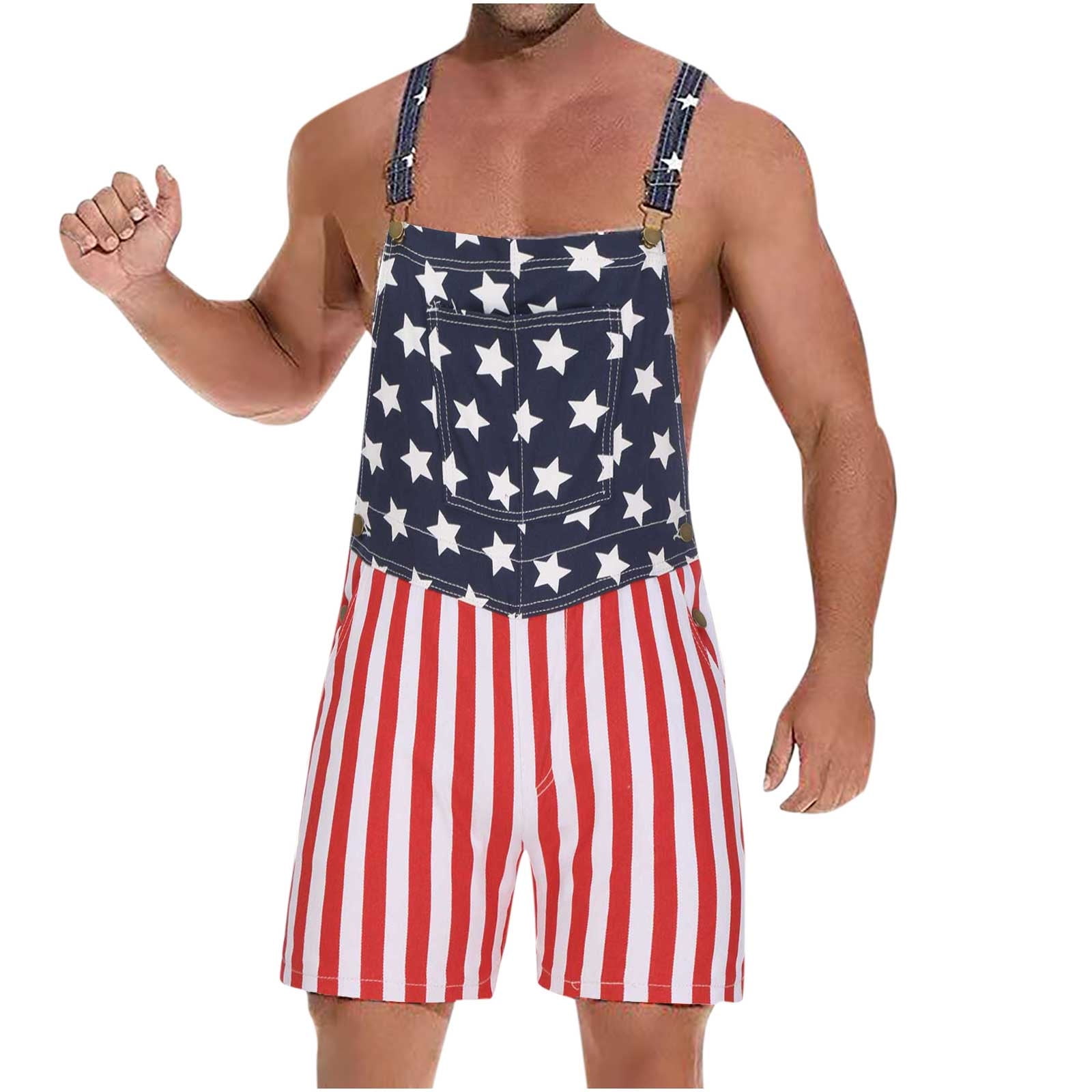 Memorial Day Unisex American Patriotic Flag Overalls Bib Denim Shorts Romper Independence Day July 4th Jumpsuit for Men Women 