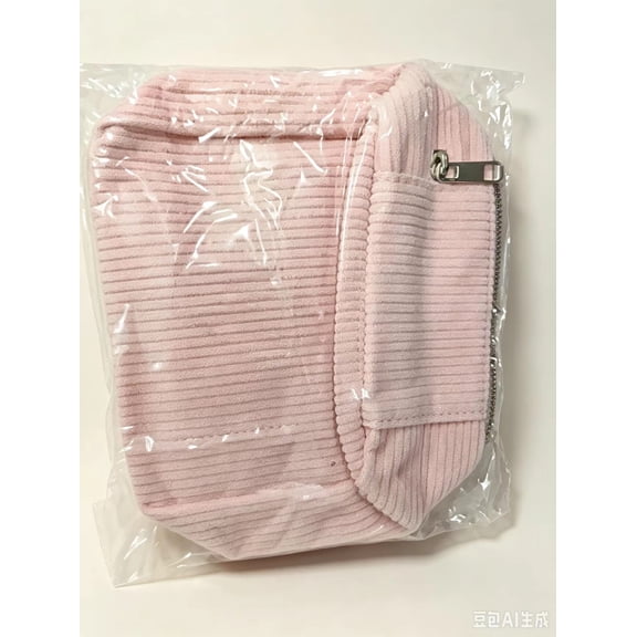 Pink Corduroy Makeup Bag for Women, Small Zipper Cosmetic Pouch with Ribbed Texture, Portable Travel Toiletry Organizer, Cute Skincare Storage Case, Gift for Her