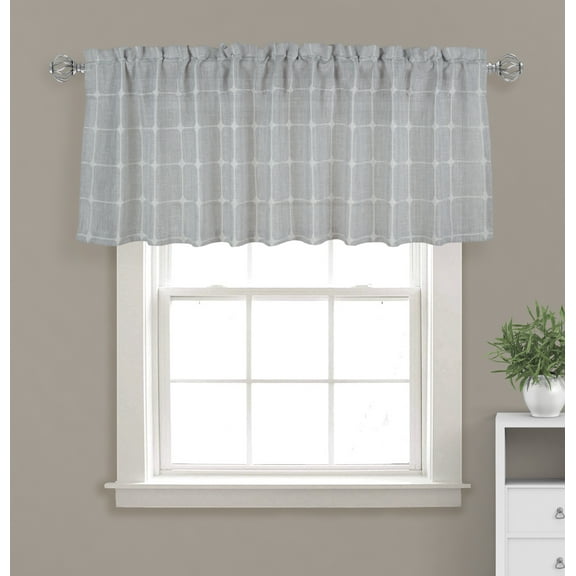Aiking 2 Panels of Plaid Embroidered 16 inch Length Rod Pocket Window Valances (56 in by 16 in / each panel, Light Grey)