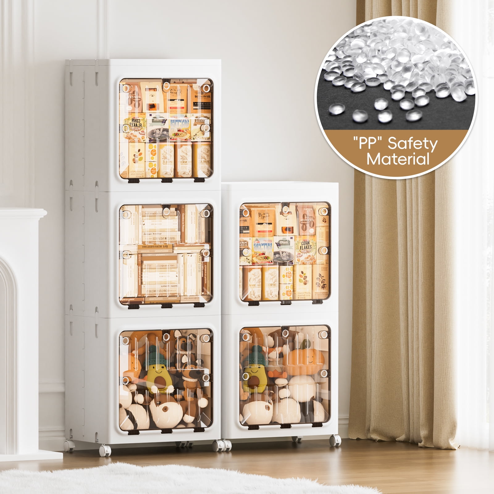 JEKO&JEKO 3-Tier Bathroom Storage Cabinet with Wheels, Lockable Doors, Plastic Organizer for Kitchen, Laundry Room, White