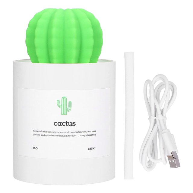 Humidificador de escritorio Cactus de 280 ml con alimentación USB y nanoatomizador silencioso, color blanco