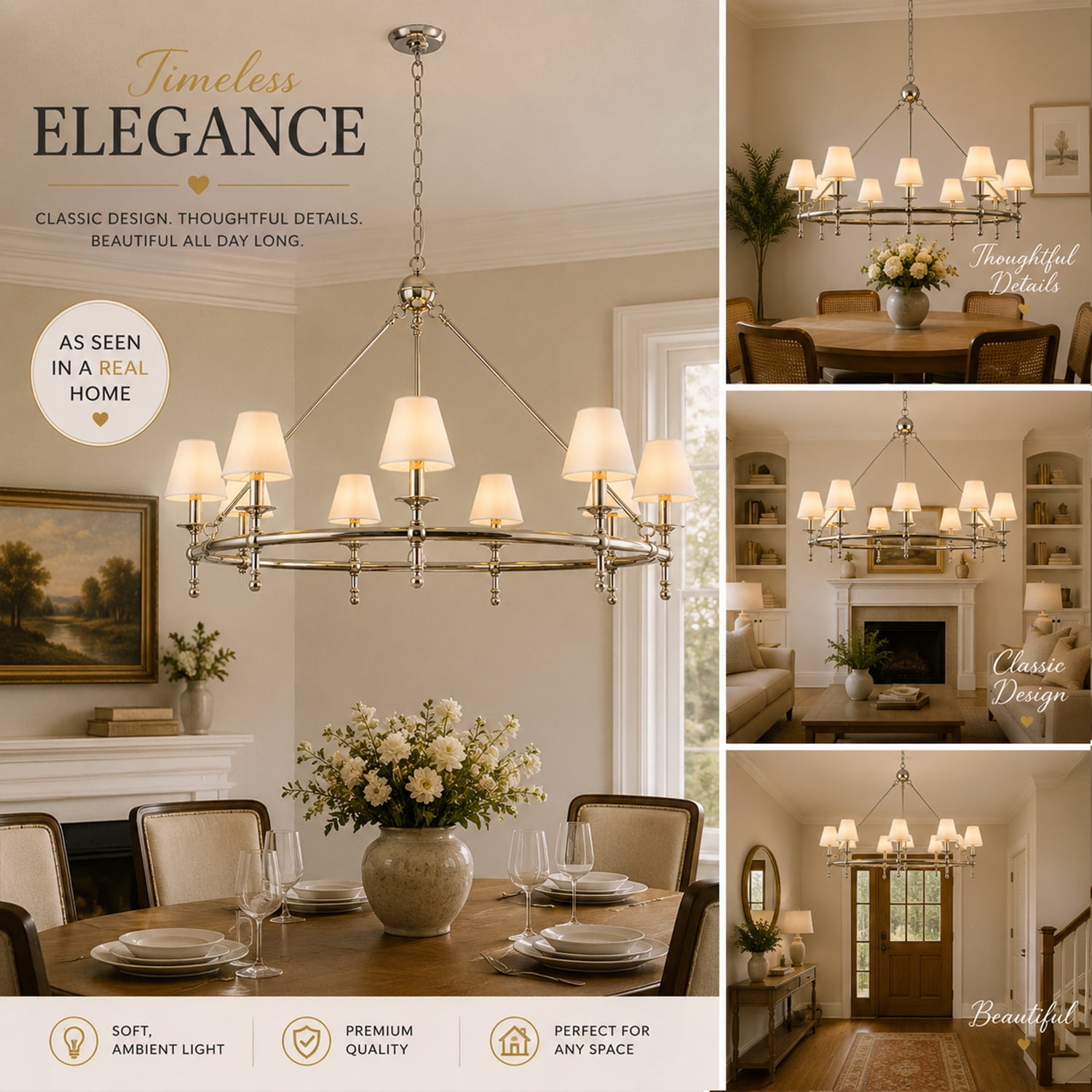 47 in. 9-Light  Modern Polished Nickel Chandelier with White Fabric Shades for Dining Rooms and Large Rooms