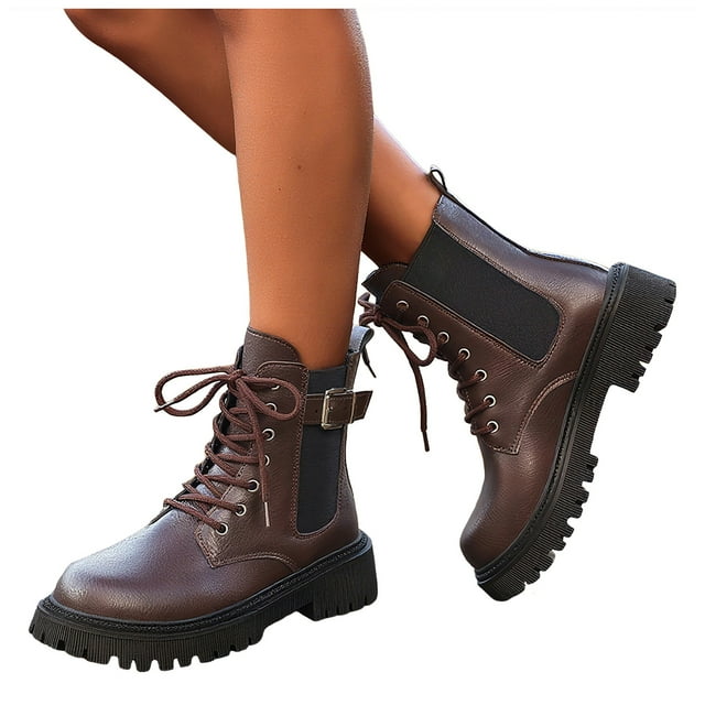 Womens Fall Platform Combat Boots Fashion Casual Leather Buckles Chunky Mid Calf Riding Ankle Booties