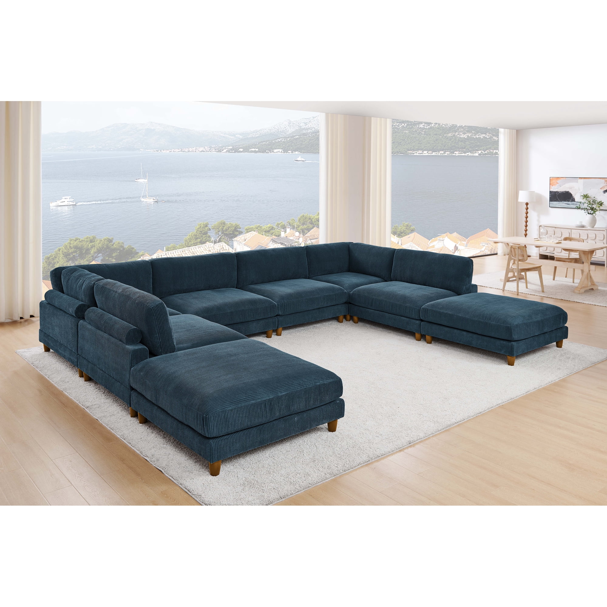 Rosmit Co 8-Seat Corduroy Modular Sectional Sofa - Dark Blue, Adjustable Back, Tall Legs, Large Seating, Easy Assembly