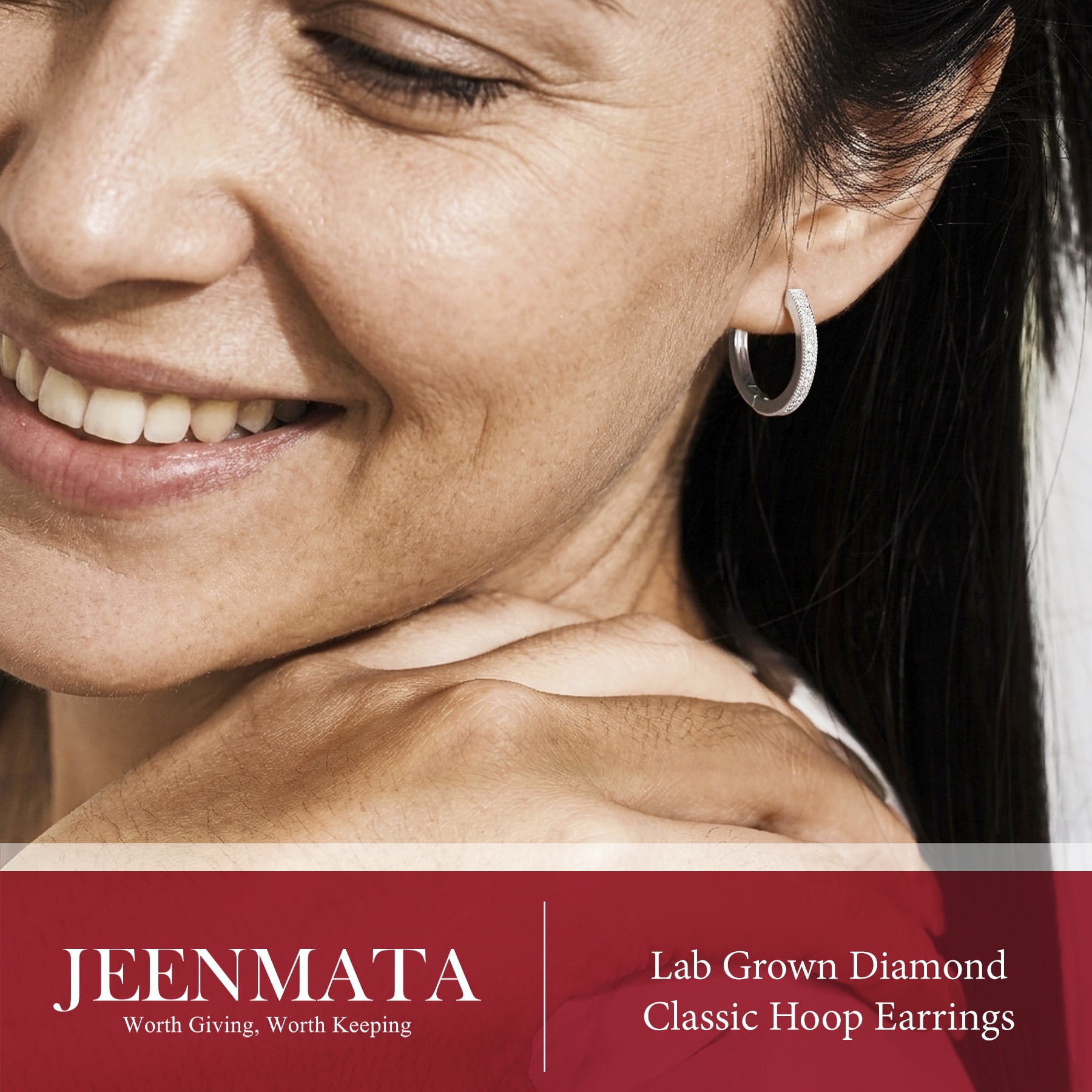 JeenMata Lab Grown Diamond Hoop Earrings - Round Cut Classic Earrings in White Gold Plating for Women