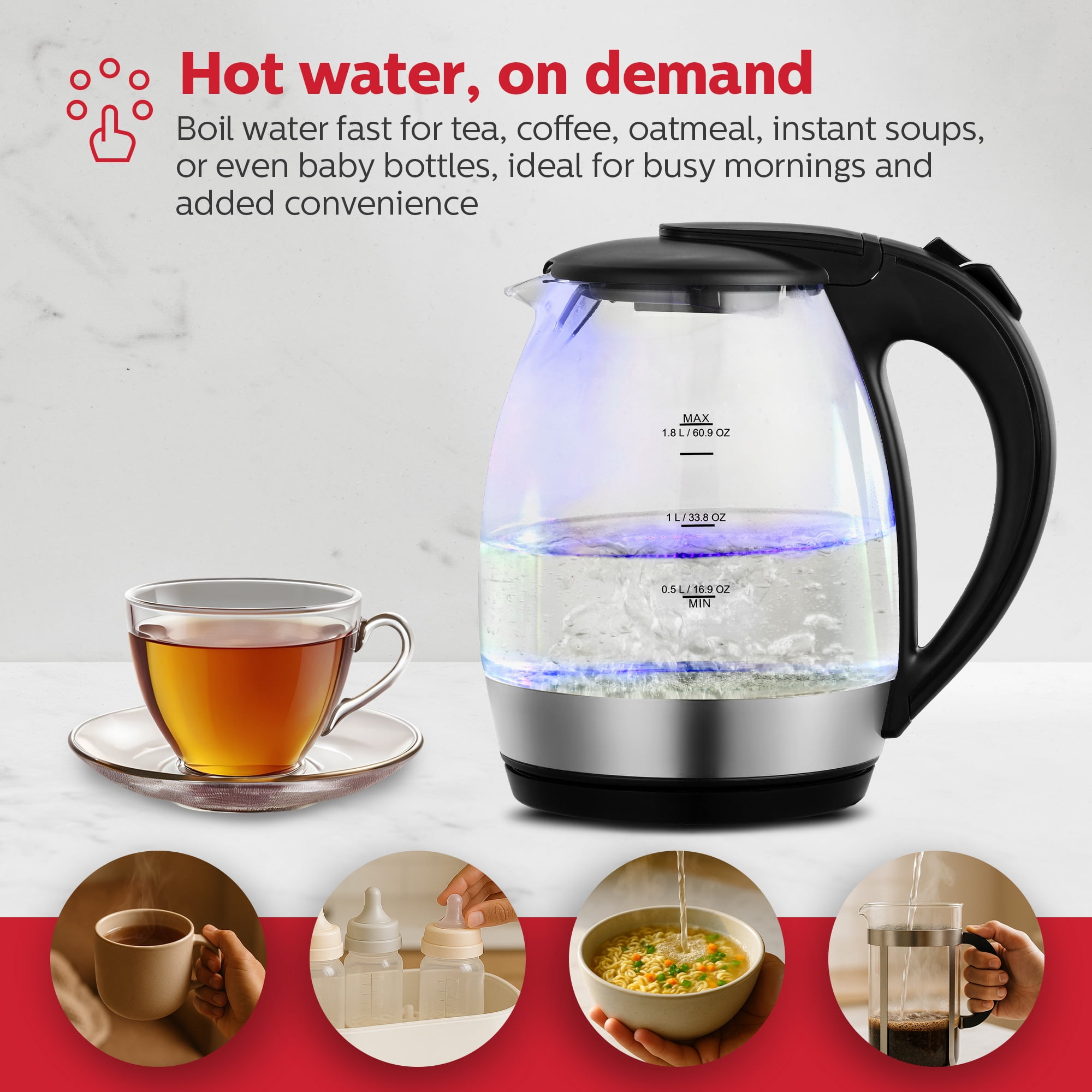Holstein Housewares 1.9qt Glass Electric Water & Tea Kettle with LED 1850W