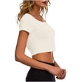 thumbnail image 4 of VSSSJ Crop Tops pour Femmes Manches Courtes Col Rond Extensible Chemise Décontractée Ajustée Solide Confortable Été Basique T-Shirts Courts Beige Taille Unique, 4 of 5
