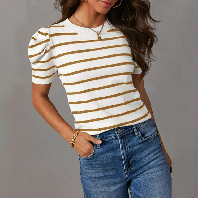 Hauts en Tricot à Manches Courtes Bouffantes pour Femmes, T-Shirts à Rayures Col Rond Tendance, Blouses d'Été Décontractées