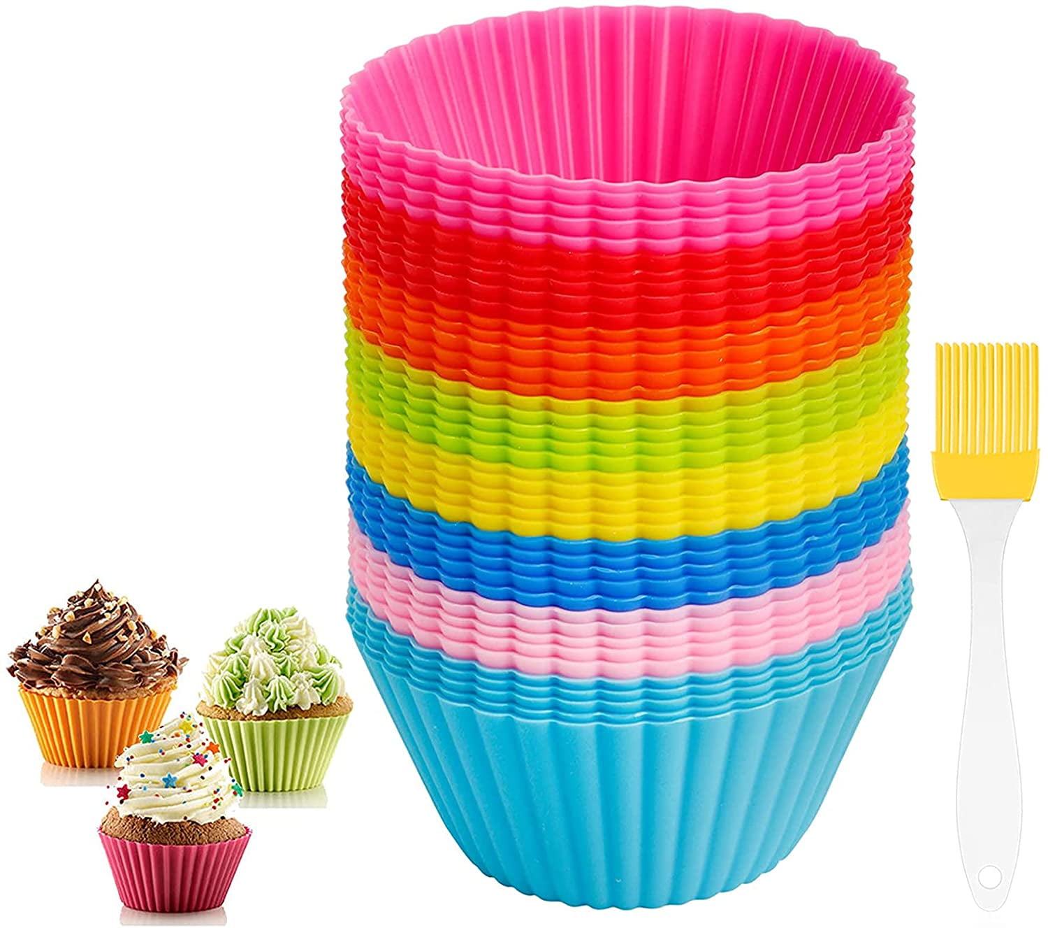 6 Vibrant Colors Round Reusable & Nonstick Muffin Molds,36 Pack Rainbow Thicken Silicone Cupcake Muffin Baking Cups Liners Molds Sets 