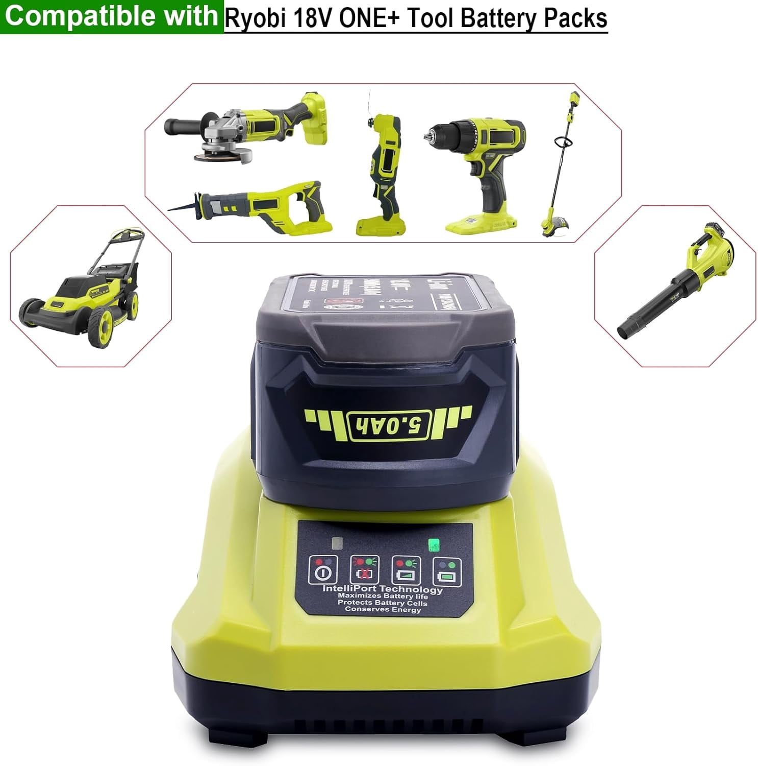 Compatible with Ryobi 18V Battery Charger, P117 Rapid Charger Compatible with Ryobi 12V-18V ONE+ Lithium, NI-CD & NI-MH Battery PBP2005 PBP002 PBP005 PBP006 P193 P108 P103 P102 P100