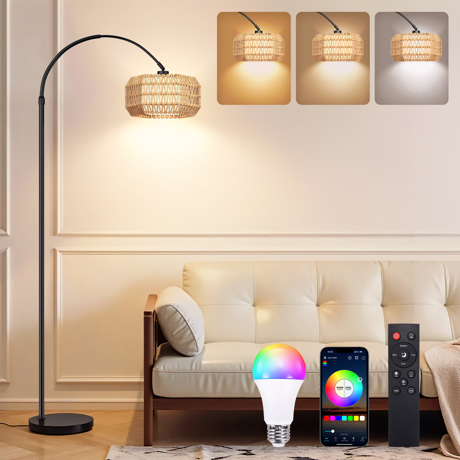 BLITZWILL Arc Floor Lamp 71‘’ Height Adjustable, with Remote Control &Smart APP Standing Lamps, RGB Bulb,Dimmable, for Living Room Bedroom Office Corner