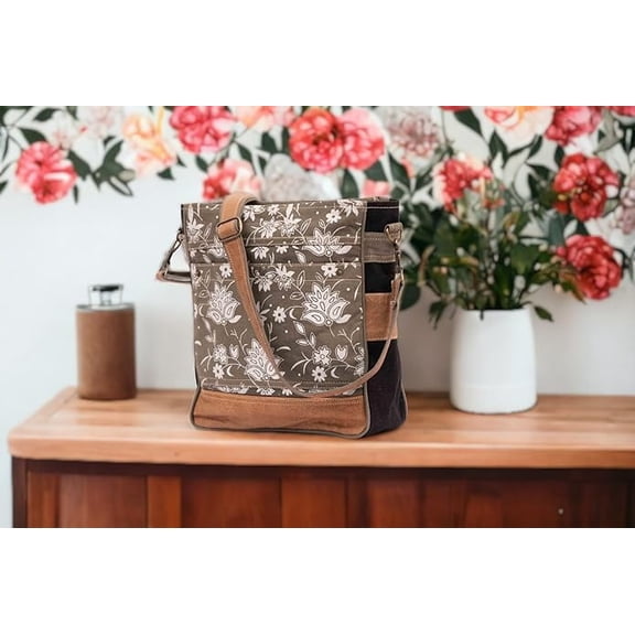 Sel de Mer Upcycled Blossom Print Canvas & Leather Shoulder Bag, Canvas Crossbody Bags For Women