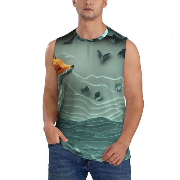 Fotbe Paper Fox Crow Fantasy Men's Camiseta sin Mangas Estampada para Hombres, Playera Casual para Gimnasio, Entrenamiento, Playa-Large