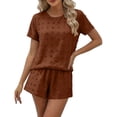 thumbnail image 2 of Uootdi Short Sets for Women Summer Short Sleeve Textured Floral Round Neck Top Elastic Waist Casual Shorts Comfy Daily Matching Outfits, 2 of 6