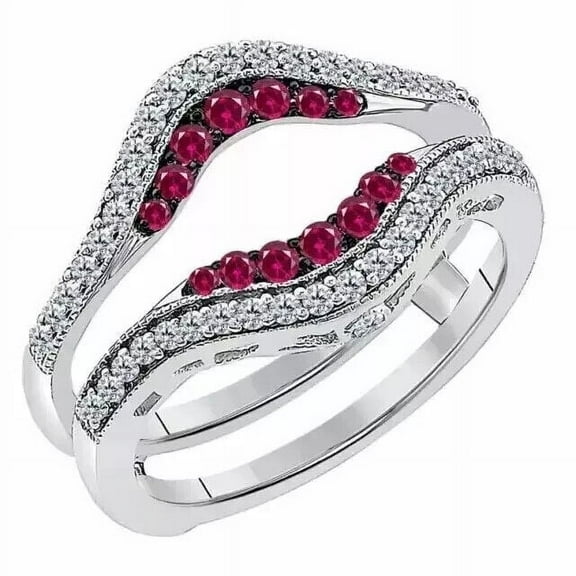 beryl_creation 14K White Gold Plated 2.25 Ct Round Cut Red Ruby Wedding Engagement Enhancer Guard Wrap Ring 925 Sterling Silver For Women's -5
